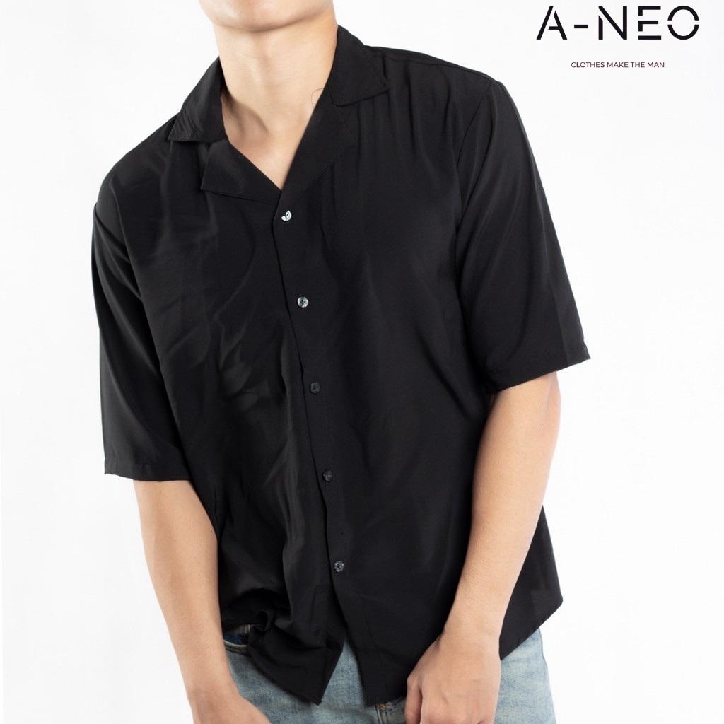 Áo Sơ Mi Nam A-NEO trơn ngắn tay vải Lụa thoáng mát, thấm hút, không nhăn chuẩn form màu Đen | BigBuy360 - bigbuy360.vn