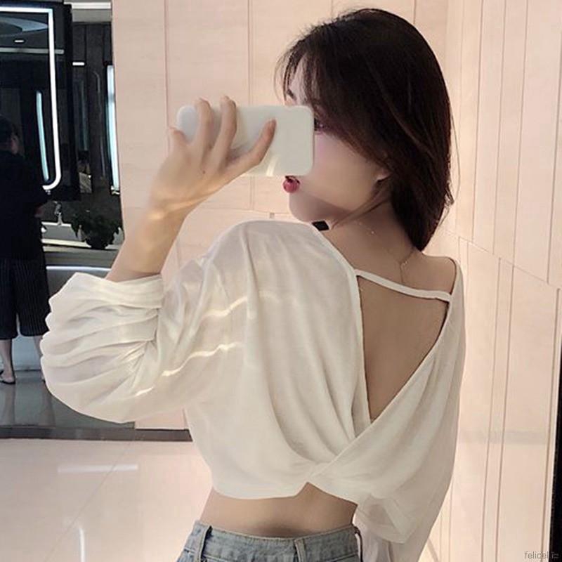 Áo croptop cho nữ cổ V tay dài suông màu kiểu dáng hợp thời trang