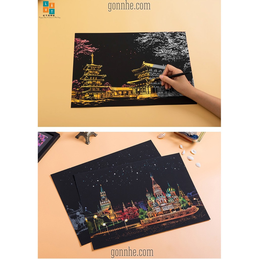 [Quà tặng] Tranh Cạo A3 - Color Night Scene Scratch II Tự làm tranh theo tường phong cách Hàn Quốc - Màn Đêm Màu Sắc