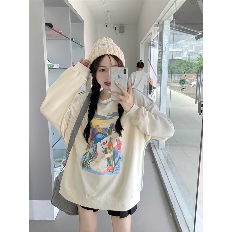 QOEDDV Áo Sweater Mỏng Tay Dài Cổ Tròn Dáng Rộng In Họa Tiết Thời Trang Retro Mỹ