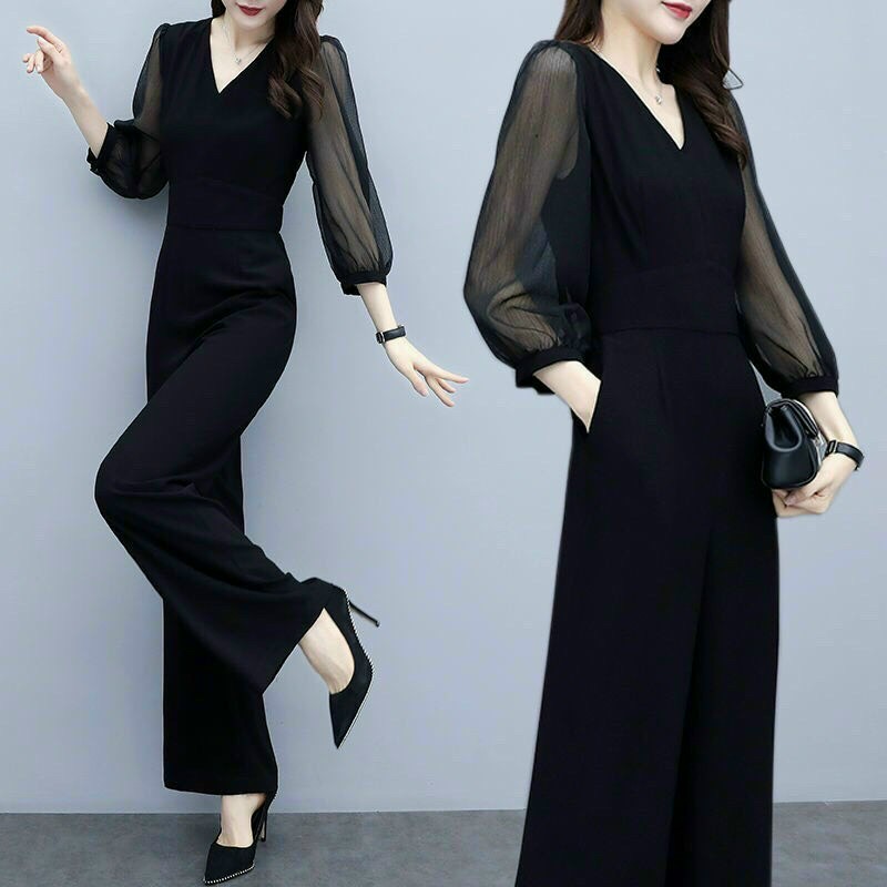 JUMPSUIT ĐEN CỔ V DÀI TAY PHỒNG CÓ TÚI - 20Xcloset