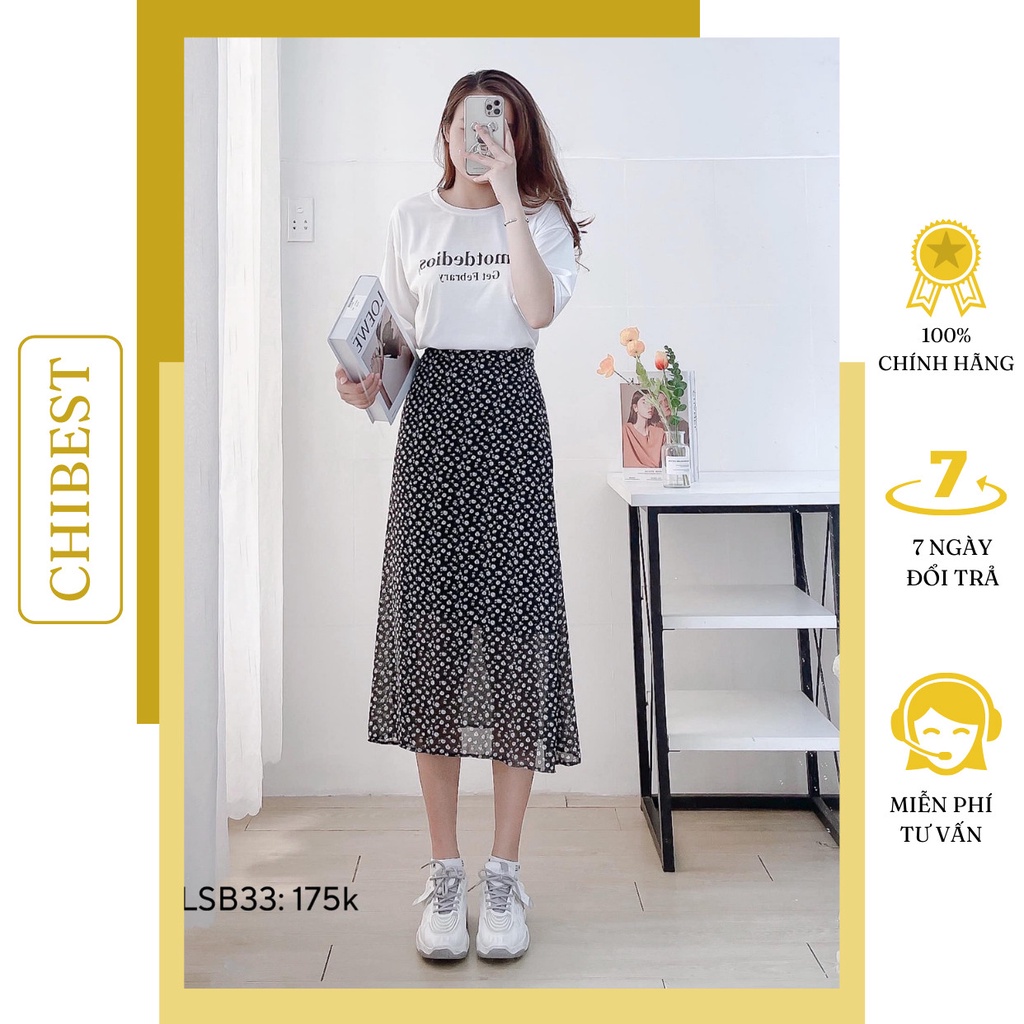 Set áo thun chữ mix chân váy hoa VINTAGE dáng dài qua gối CHIBEST LSB33
