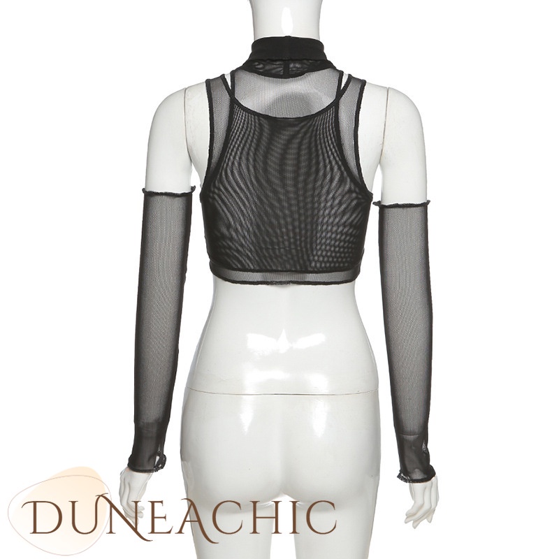 DUNEA Áo Tank Top Nữ Tay Ngắn Phối Lưới Xuyên Thấu Thời Trang