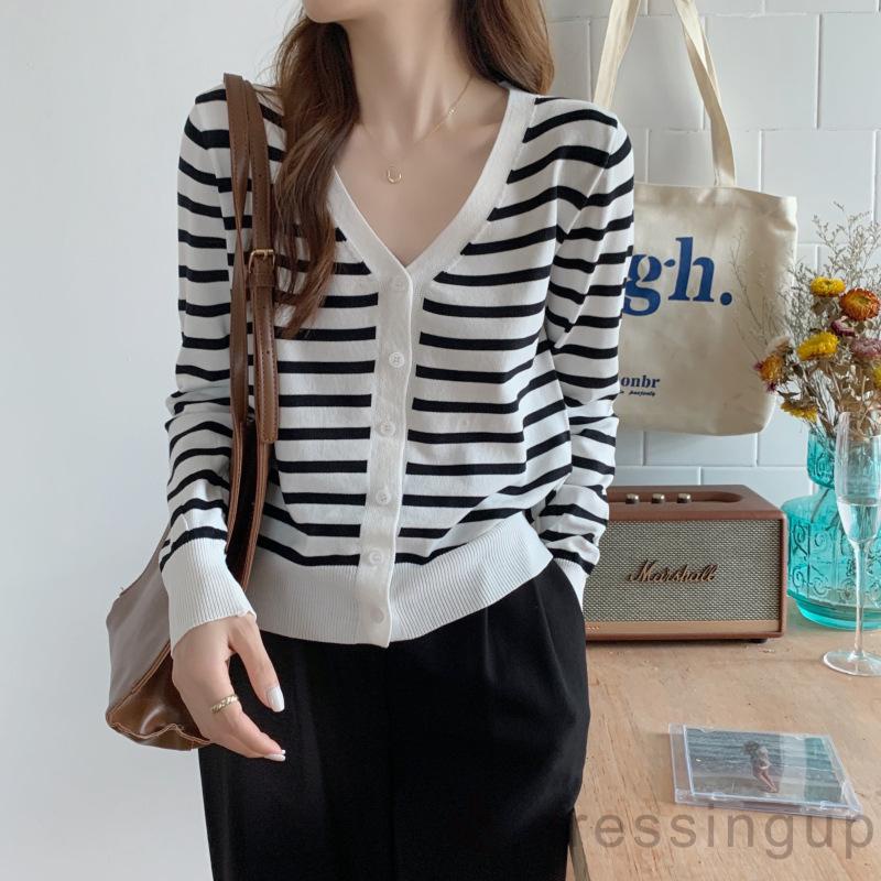 Áo Khoác Dệt Kim Tay Dài Cổ Chữ V Họa Tiết Kẻ Sọc Thời Trang Cho Nữ