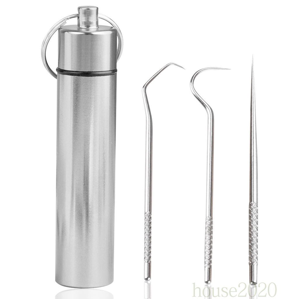 Set 3 cây tăm xỉa răng bằng thép không gỉ có thể tái sử dụng kèm giá đỡ