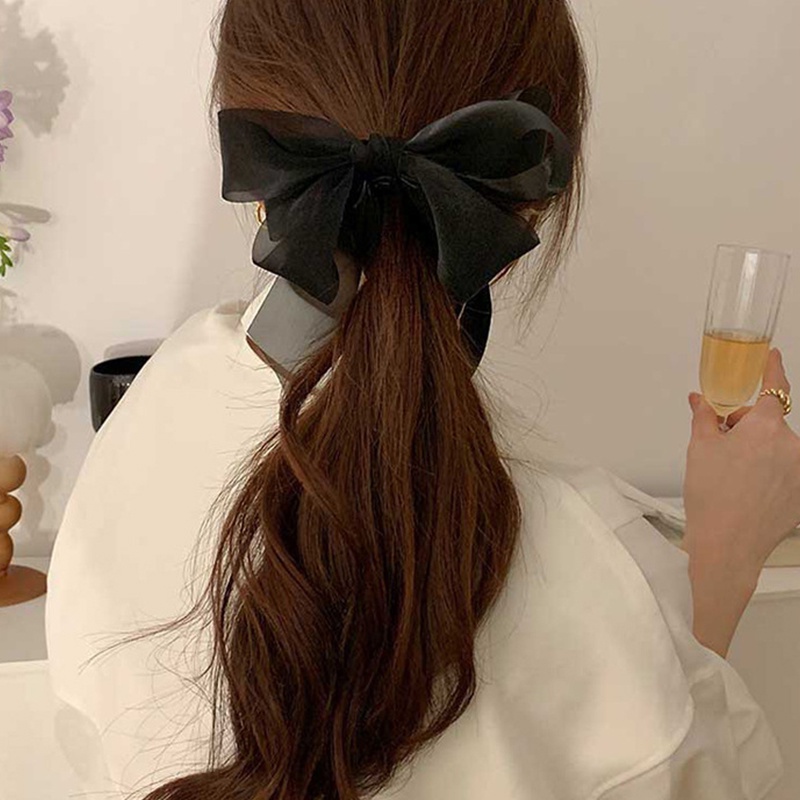 Kẹp Tóc Nơ Bằng Vải Voan Phối Lưới Co Giãn Màu Trơn Phong Cách Cổ Điển Thanh Lịch Dễ Phối Đồ