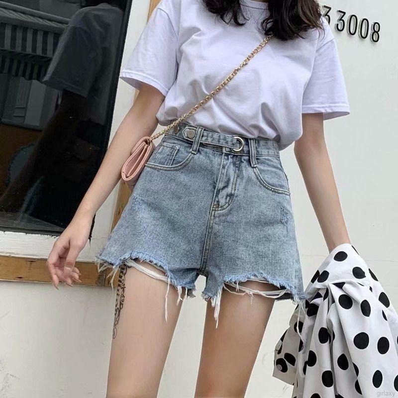 Quần Short Denim Nữ Lưng Cao Dáng Rộng Rách Cá Tính Phong Cách Hàn Quốc