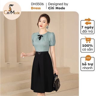 Đầm xòe công sở CITI MODE xanh đá phối chân đen đính tag nơ cổ tròn tay ngắn DH3506