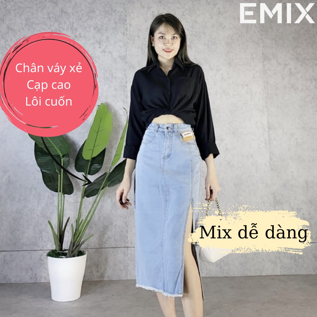 Chân váy jean xẻ chân EMIX (màu xanh), dáng dài, 1 lớp, cạp cao, dài 78cm, chất jean mềm mịn đứng dáng, xẻ chân cuốn hút