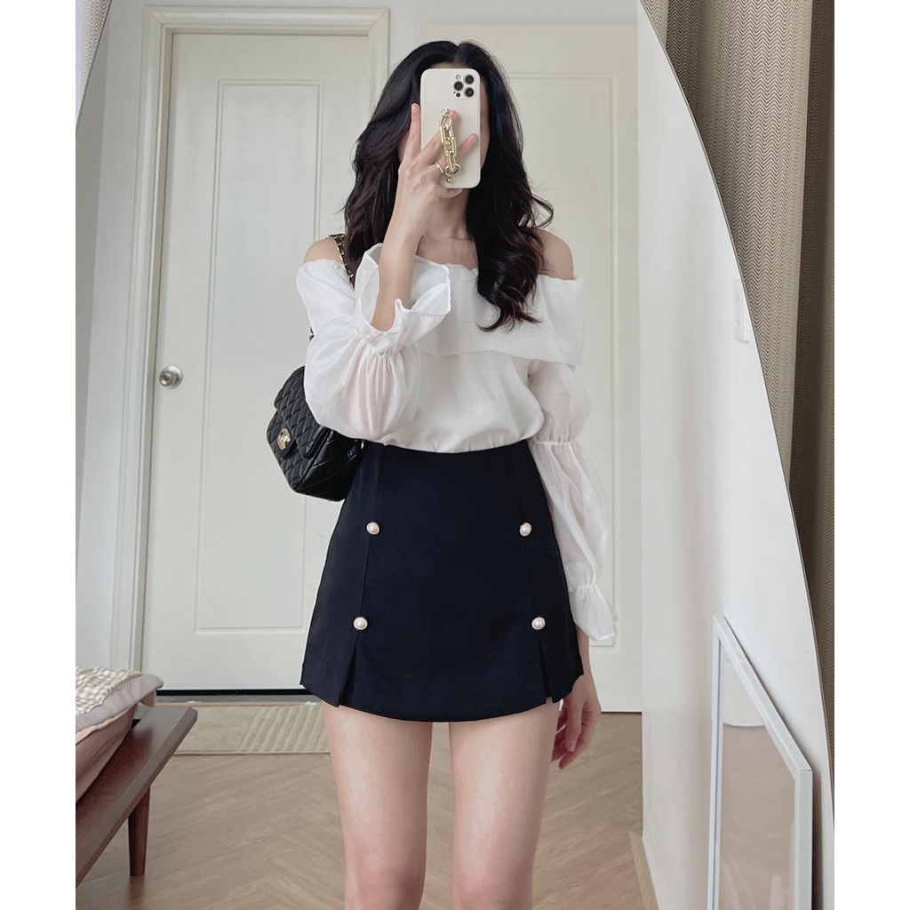 (ảnh thật) Audrey Set áo tơ trễ vai chân váy 4 khuy 793 | BigBuy360 - bigbuy360.vn