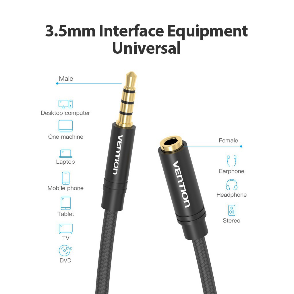 Cáp audio 3.5mm nối dài 1.5m 3m 5m Vention cáp nối dài âm thanh cho máy tính, laptop - BHBB