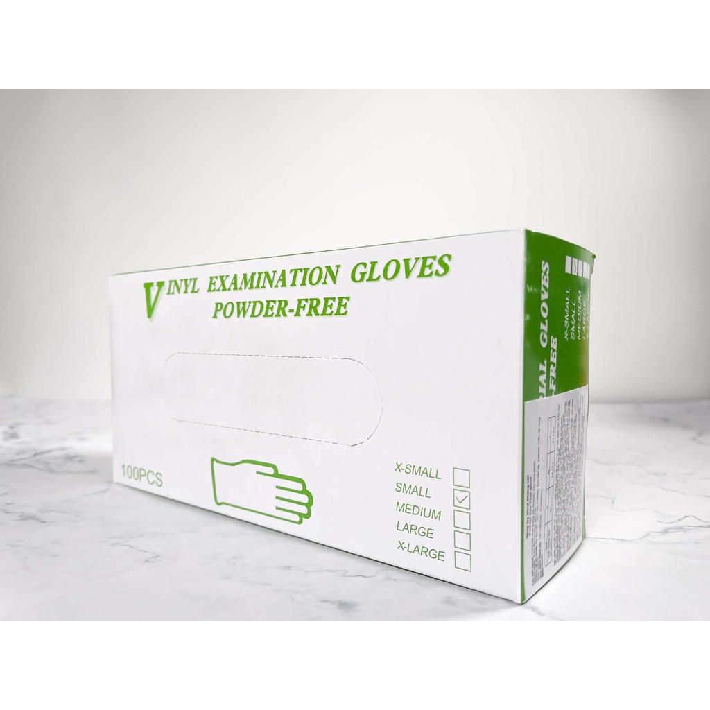 Găng tay Vinyl, không bột, làm bằng nhựa dẻo PVC, examination gloves, powder free (Hộp 100 chiếc)