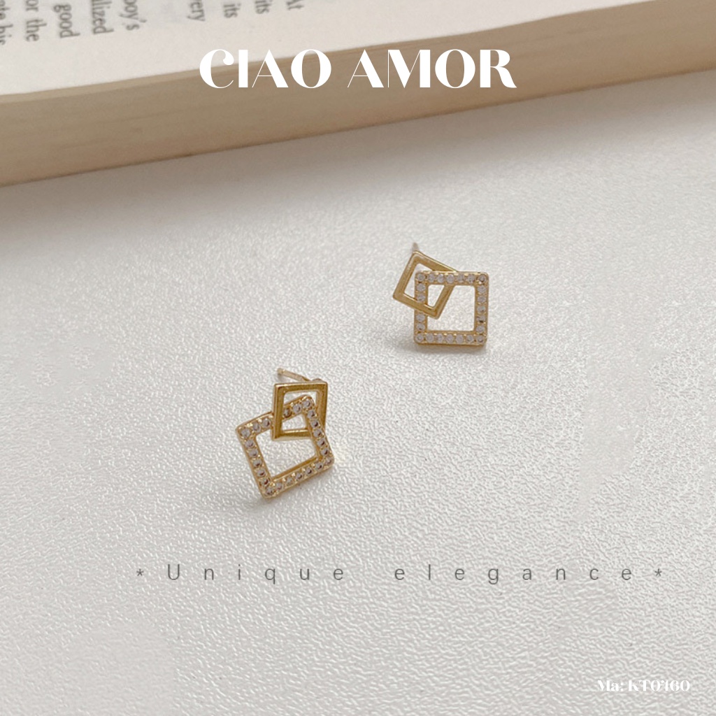KT0460-Khuyên tai nữ, Bông tai nữ nụ bạc 925 vuông nhỏ xếp đính ngọc Trang sức Ciao Amor