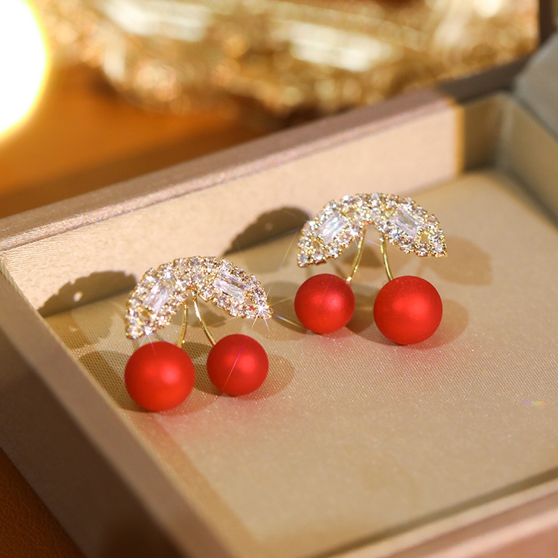 Khuyên tai JIUDUOLAN dạng kẹp/ xỏ mặt quả cherry đỏ đính đá zircon nhân tạo thời trang cao cấp dành cho nữ