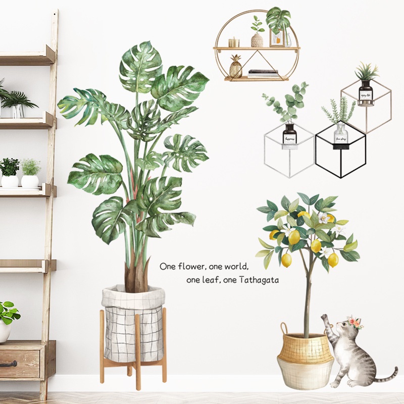 Decal dán tường cây chanh vàng và chú mèo