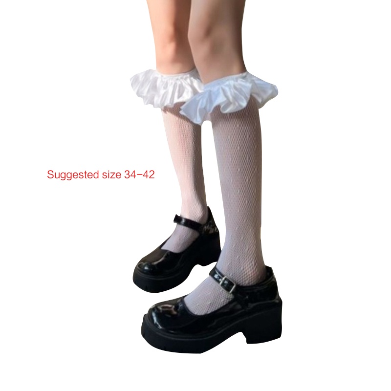 Youyo Tất Lưới Chấm Bi Phối Bèo Satin Phong Cách Lolita Nhật Bản Dễ Thương Cho Nữ