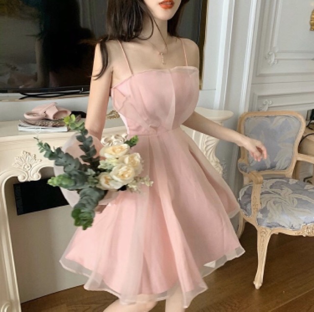 (R311) đầm ulzzang hai dây voan 2 lớp tiểu thư bồng bềnh(kèm video)