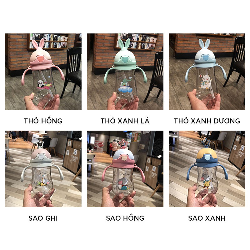 Bình nước cho bé 370ml chịu nhiệt có tay cầm và dây đeo tiện dụng an toàn bình tập uống đi học BN07 Homedy Kids