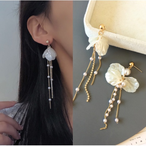 Bông Tai Dáng Dài Bằng Bạc 925 Phối Tua Rua Phong Cách Hàn Quốc Thời Trang Cho Nữ