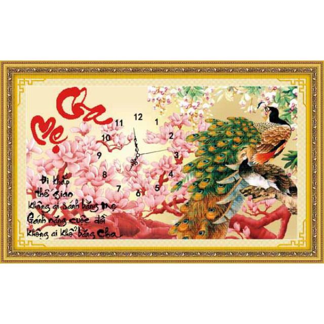 Tranh thêu chữ thập đồng hồ cha mẹ chim khổng tước tuyệt đẹp kt 74*46cm (kèm hình thật)