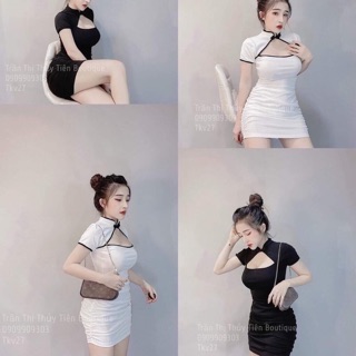 Đầm dự tiệc body ôm cổ tàu nhúng thân mút ngực giá rẻ kèm ảnh thật