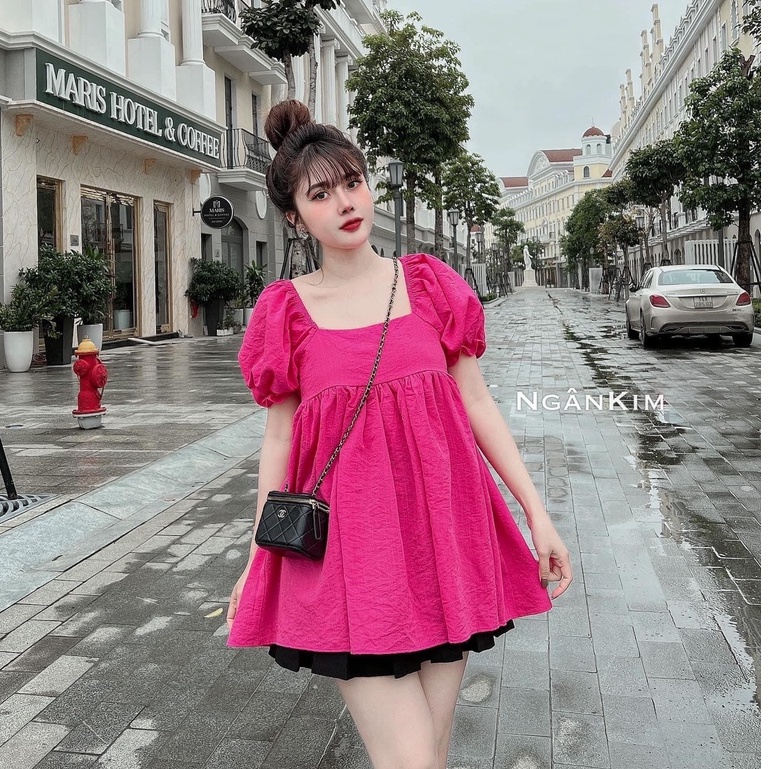 Set áo babydoll cổ vuông tay bồng quần short đùi xinh xắn DN752
