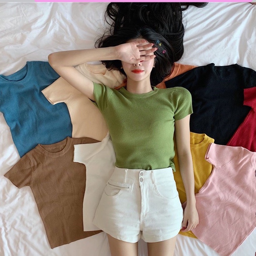 Áo Len Nữ Gân Tăm Cổ Tròn Chất Đẹp  - Áo Dệt Kim Cộc Tay Hàng Quảng Châu Cao Cấp Loại 1