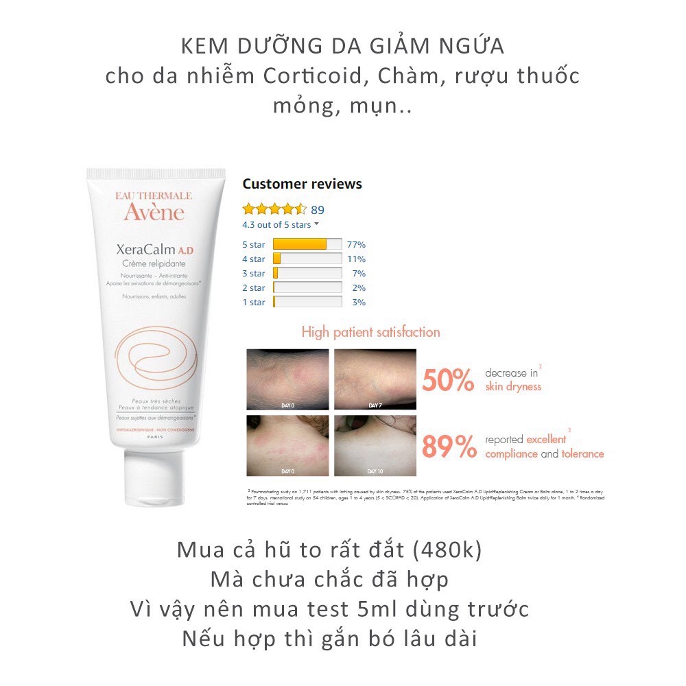 Xeracalm Avene AD 10ml Sample - Kem dưỡng phục hồi da nhiễm Corticoid, rượu thuốc, Eczema