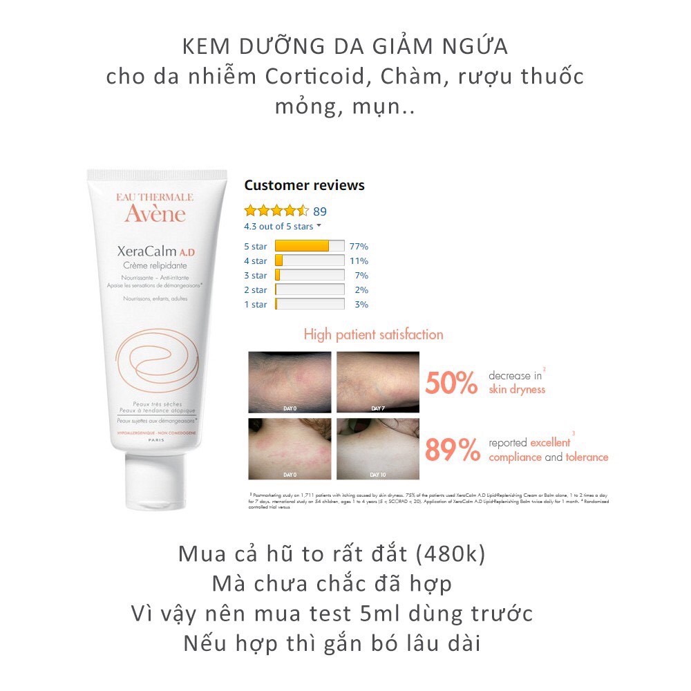 [MÃ FRIGBH111- 10% đơn 500K] Xeracalm Avene AD 10ml Sample - Kem dưỡng phục hồi da nhiễm Corticoid, rượu thuốc, Eczema