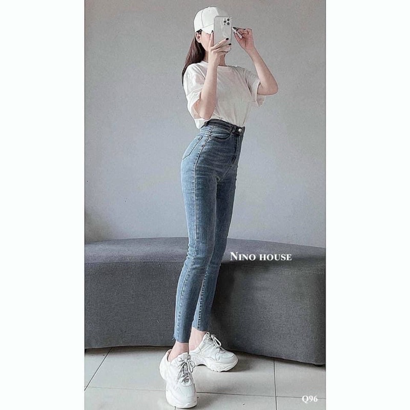 Quần jean ôm lưng cao túi nắp pha da chất dãn xước cao cấp