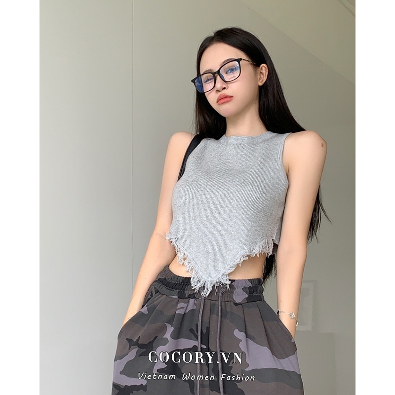 Cocory vn Áo Croptop Dệt Kim Không Tay Màu Trơn Dáng Ôm Gợi Cảm Thời Trang Mùa Hè Dành Cho Bạn Nữ