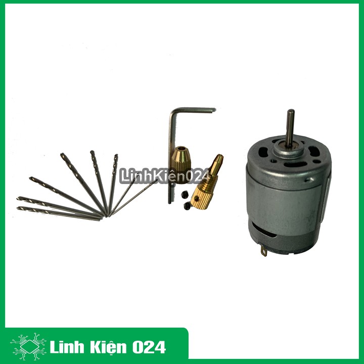 Khoan mini siêu khỏe chế từ động cơ 335 và phụ kiện V1 (01 đầu kẹp 2315, mũi khoan 0.8-1.0-1.2-1.5mm mỗi loại 2 chiếc)