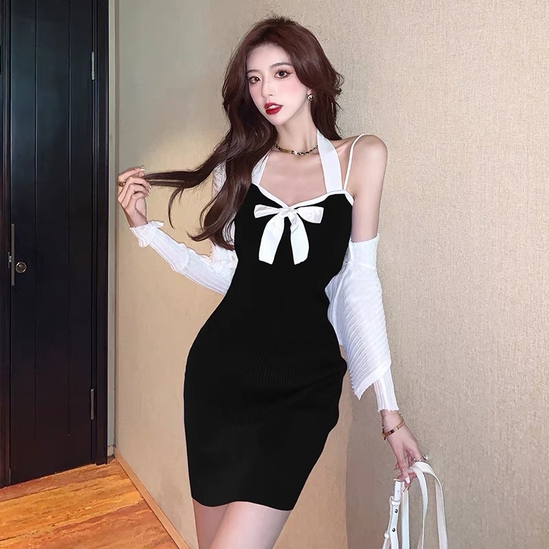 set váy yếm len nơ kèm khoác mỏng (2028#)