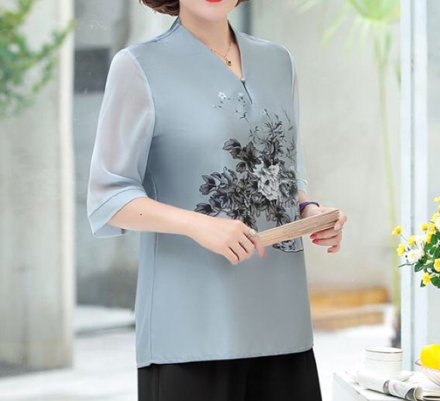 Áo trung niên nữ thời trang phối tay voan thanh lịch, hoạ tiết trẻ trung, sang chảnh NV0159