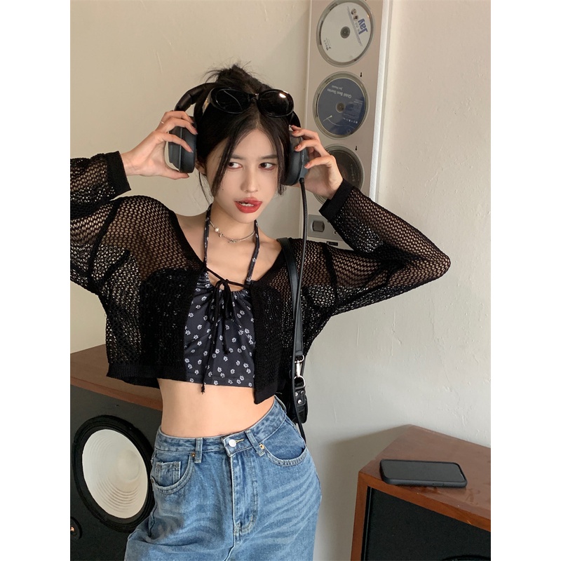 QADCOL  Áo khoác ren QADCOL dệt kim tay dài chống nắng thời trang mùa hè