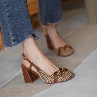 Giày cao gót 7cm kẻ nâu cổ điển