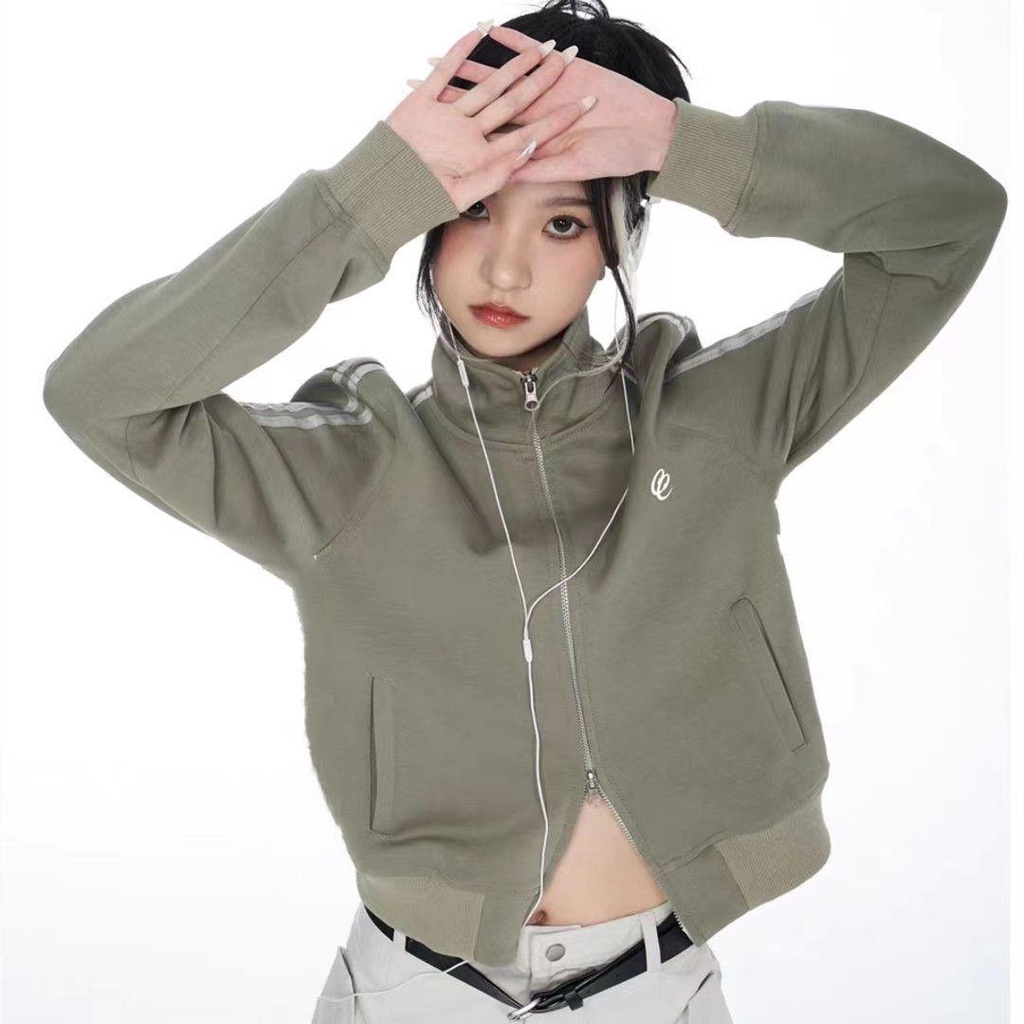 [Cotton Tinh Khiết] Áo Khoác Thể Thao Phối Hai Khóa Kéo Đôi Phong Cách Retro Mỹ Thiết Kế Sense E