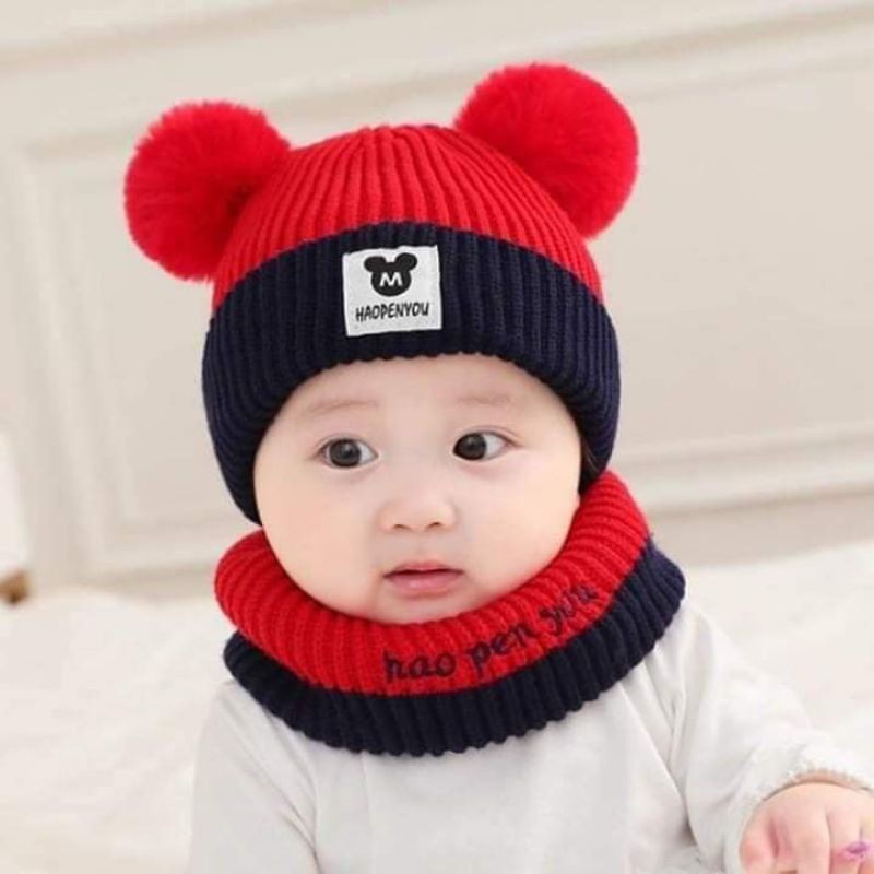 Set mũ Len kèm khăn ống giữ ấm cho bé