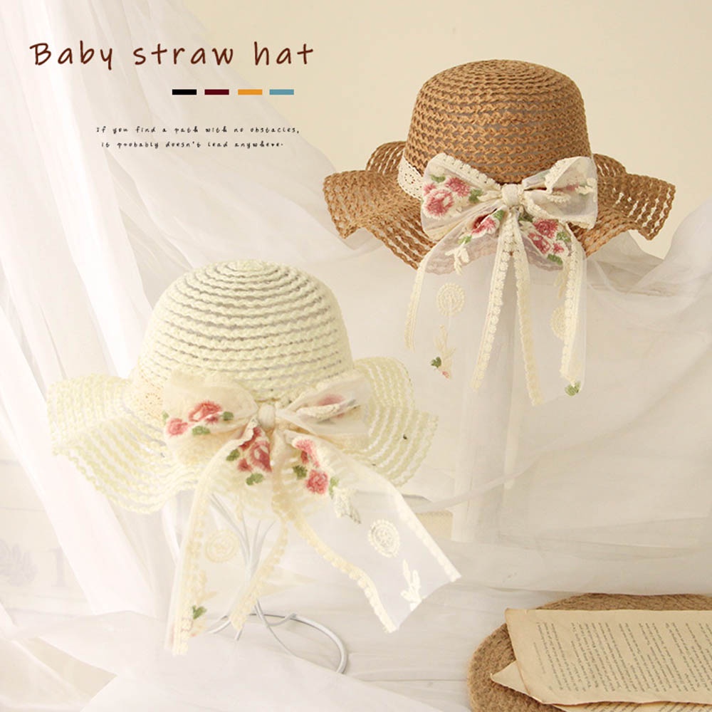 Mũ cói BEAR LEADER vành rộng phối ren hoa tùy chọn màu sắc thời trang mùa hè 2022 cho bé gái