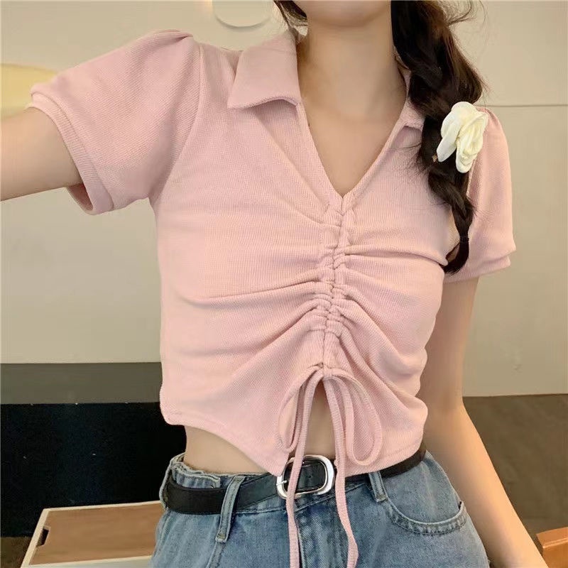 Áo polo Tay Ngắn Phồng Phối Ren Dây Rút Thời Trang Mùa Hè Cho Nữ