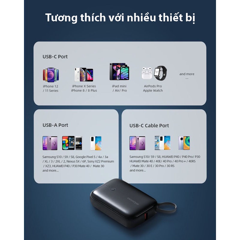 Sạc dự phòng INNOSTYLE Powergo Mini 10.000mAh 22.5W tích hợp cáp USB-C - IP22PDBLK