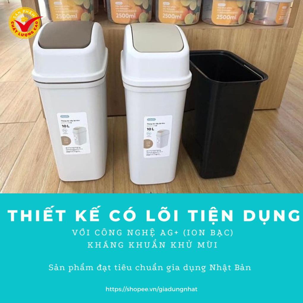 Thùng rác nắp lật có lõi Hiro Nhật Bản 10 Lít (hàng xuất Nhật) công nghệ Ag+ (ion bạc) kháng khuẩn khử mùi