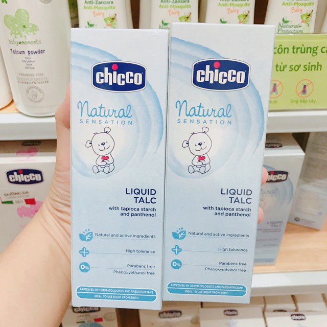 Phấn rôm Chicco nhập khẩu từ Ý tinh bột gạo,phấn nước làm mát da dưỡng da mềm mịn thơm mát nhẹ dịu cao cấp cho bé 150gr
