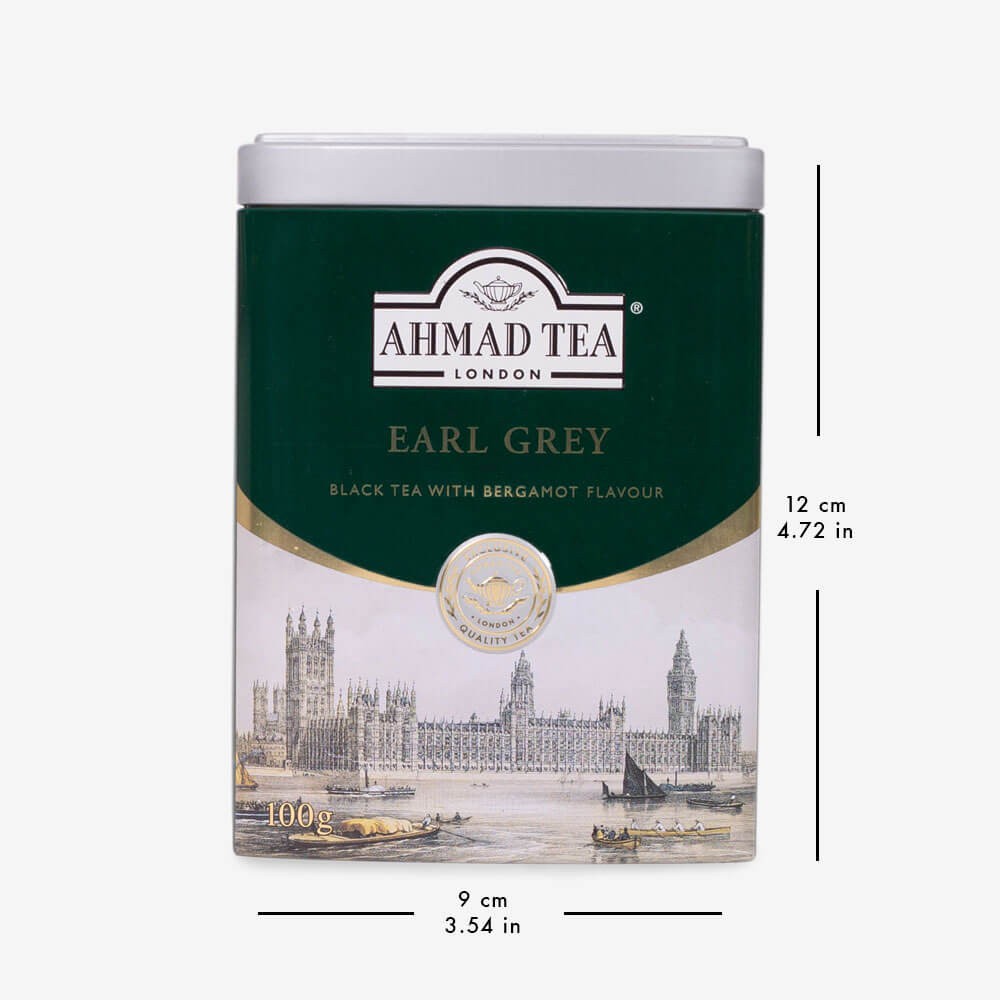 Trà đen Bá Tước pha ấm hộp thiếc phong cảnh London - Ahmad Earl Grey Tea 100g (trà lá pha ấm – 100g trà/hộp)