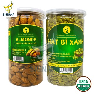 Combo Hạnh Nhân Mỹ Tách Vỏ Nguyên Vị 500gr, Nhân Hạt Bí Xanh Ấn Độ Hộp 500gr