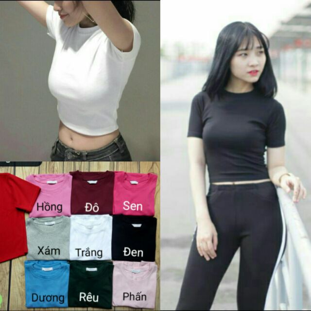 Áo croptop ôm body ngắn tay, áo thun croptop trơn cổ tròn dáng ôm