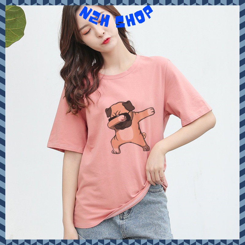 Áo thun Tay Lỡ N2h Shop áo Unisex nam nữ cotton cao cấp form rộng FREESIZE In Hình Chó Pug