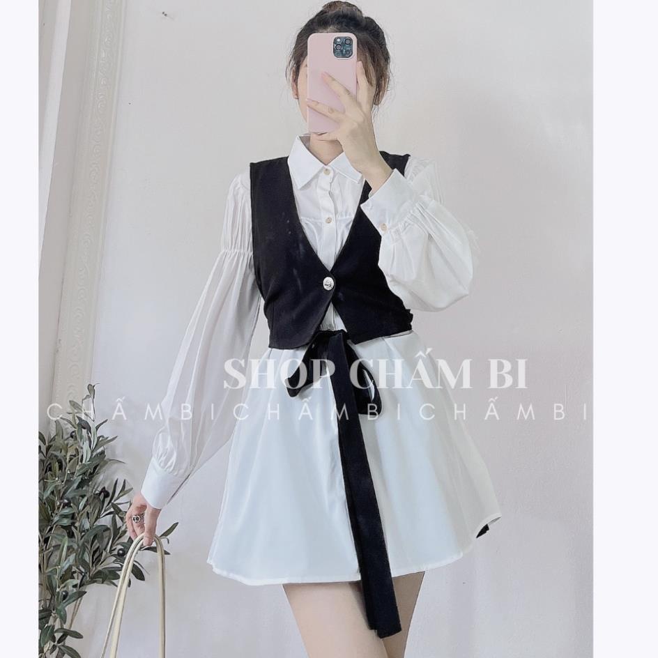 Set sơ mi nữ đẹp A.252, Set áo sơ mi trắng kiểu oversize và áo gile đen buộc nơ eo mặc được hai kiểu cực xinh
