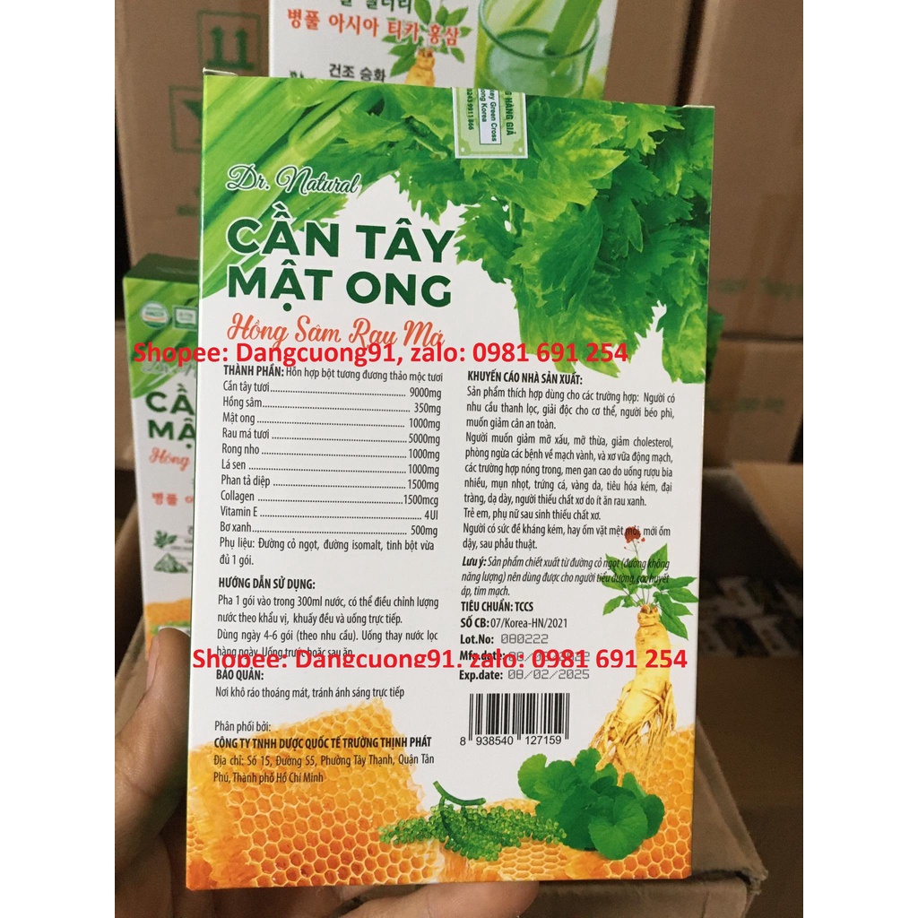 Cần tây mật ong hồng sâm rau má Giảm Cân, Da Sáng Dáng Xinh, thanh lọc cơ thể ( hộp 15 túi )