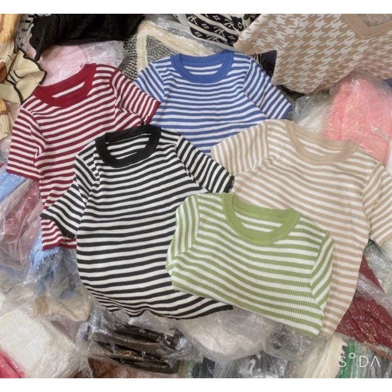 [Ảnh thật/Video]Áo len mongtogi 992 kẻ dáng vừa Áo phông kẻ nhiều màu QC